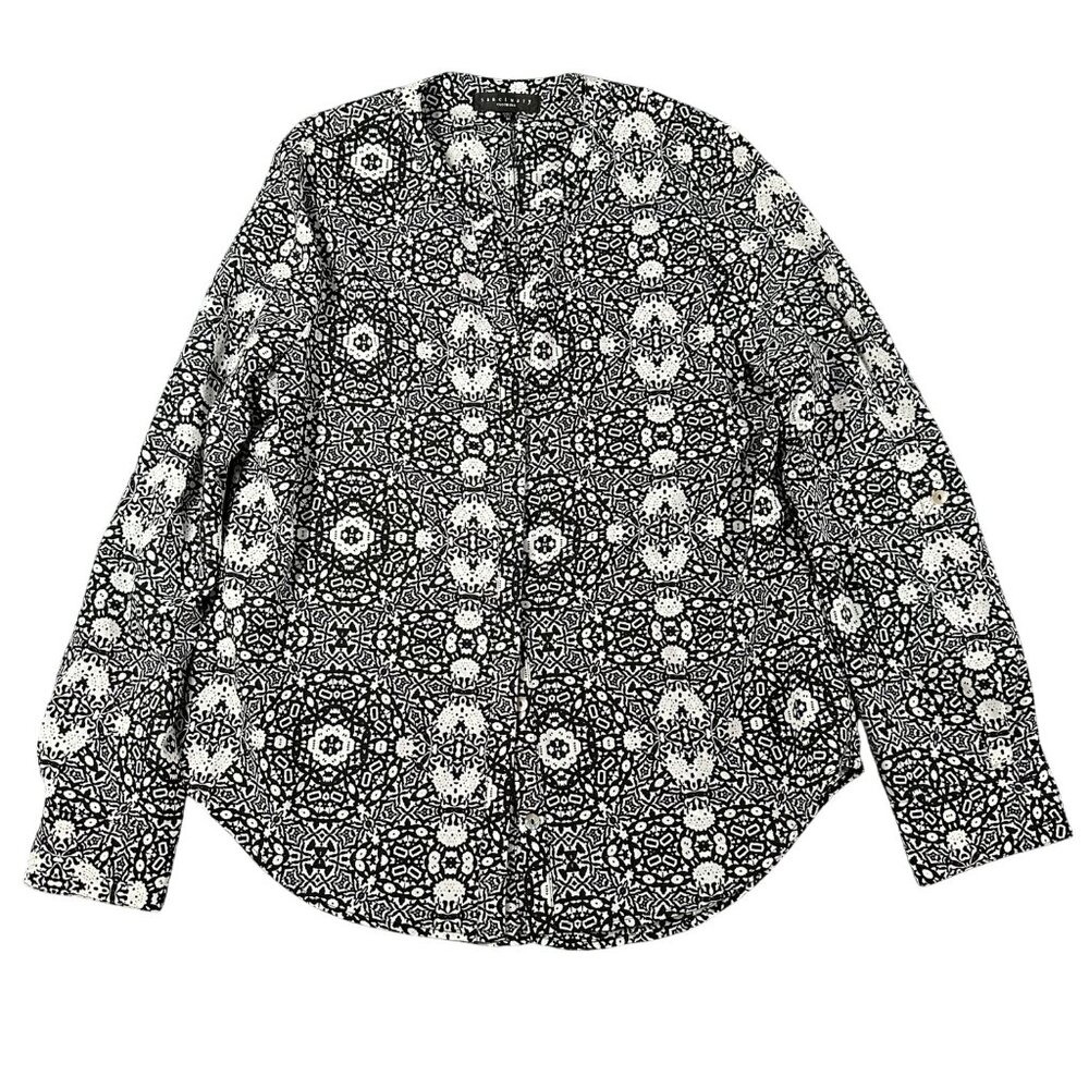 Sanctuary Womens M Black White Print Blouse‎ Long Convertible Sleeves Polyester